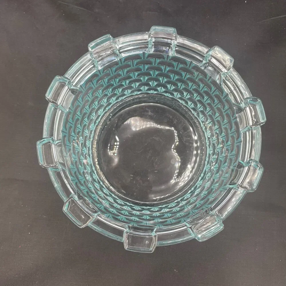 Vintage Blue Glass Basket Weave Bowl Aqua Seafoam Textured Candy Dish